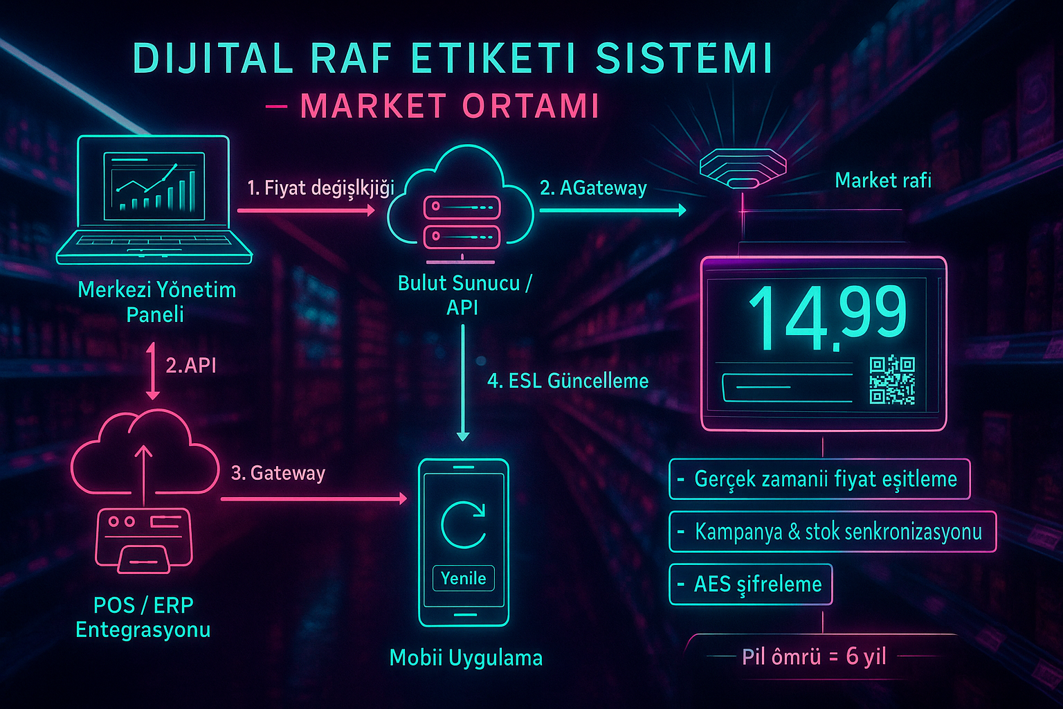 Çeşitli mağaza türlerinde dijital raf etiketi uygulamaları